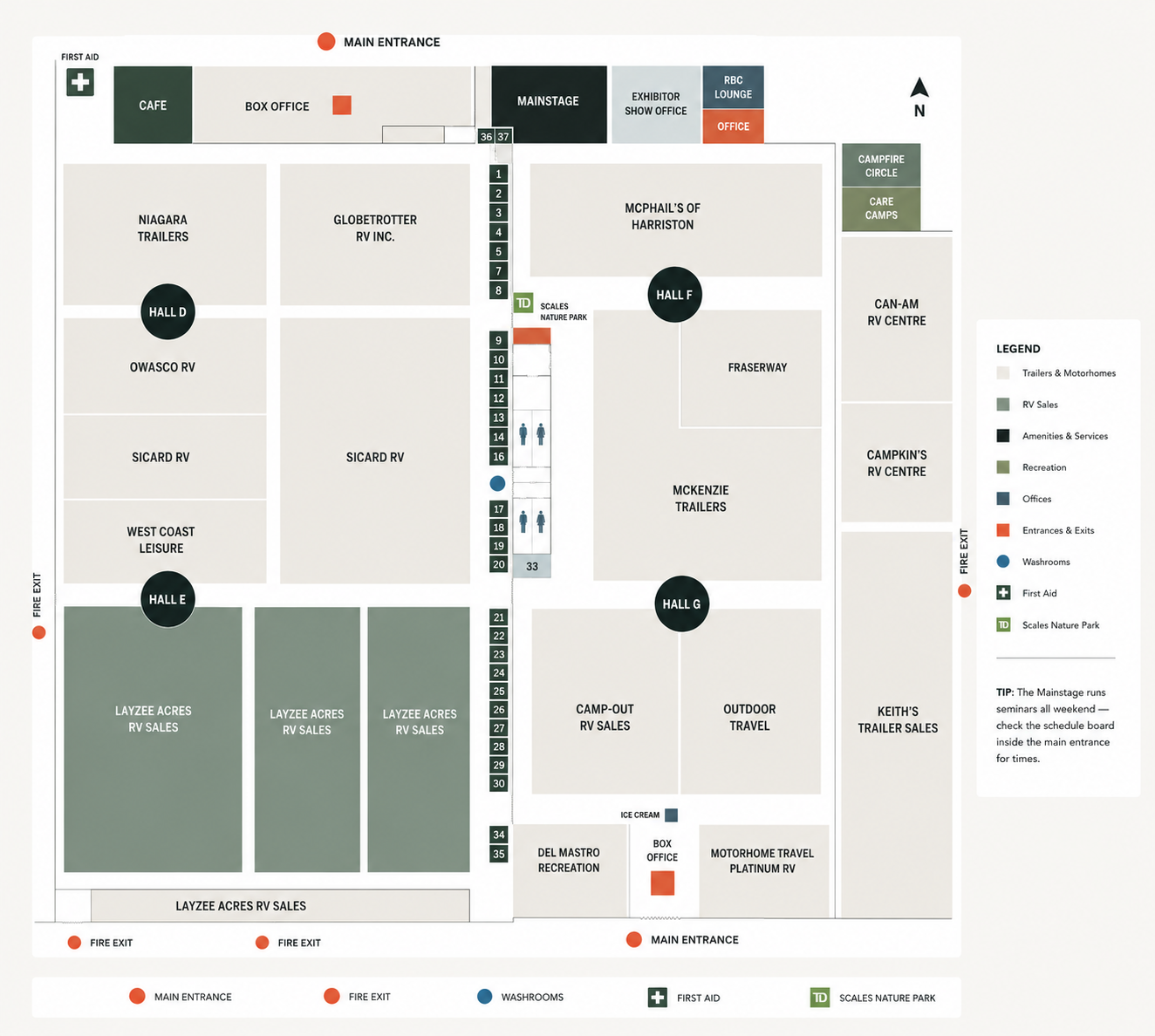 Toronto Fall RV Show floorplan — Halls D, E, F, G
